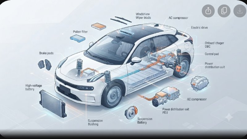 Современная иллюстрация запчастей для электромобиля Zeekr 001 в минималистичном стиле для блога Автопарт 22